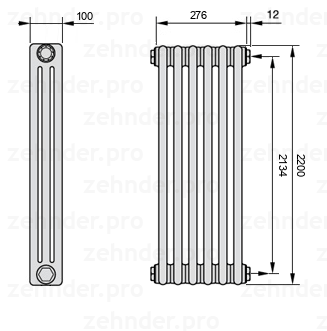 Схема (чертеж) Радиатор Zehnder Charleston 3220/6 №7610 Белый глянцевый RAL 9016